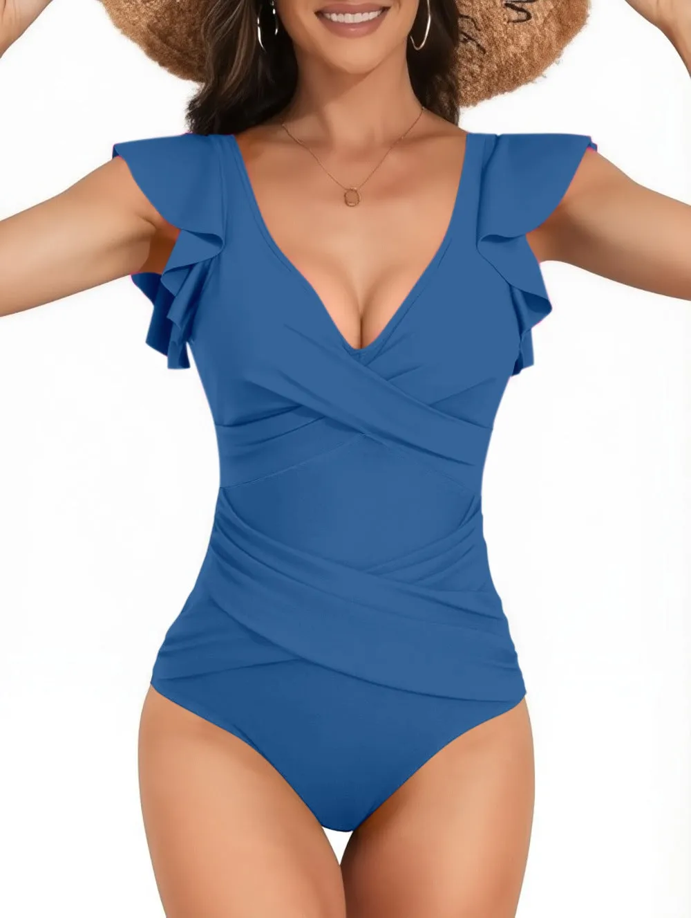 V-neck lotus leaf high waist backless one piece swimsuit for women in Rose Black colour