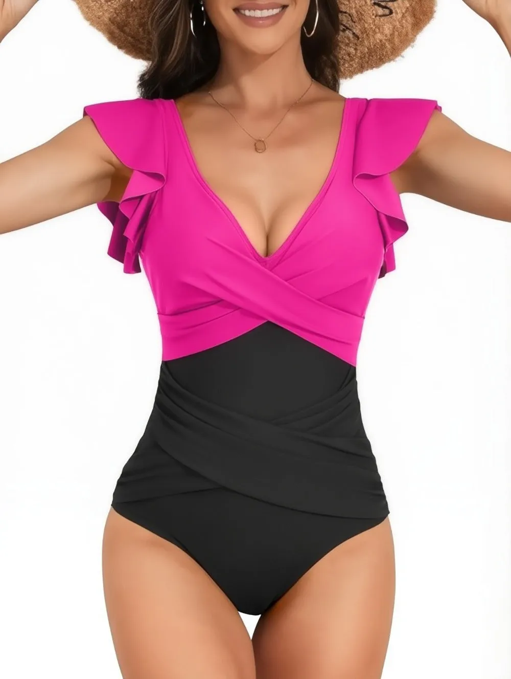 V-neck lotus leaf high waist backless one piece swimsuit for women in Rose Black colour