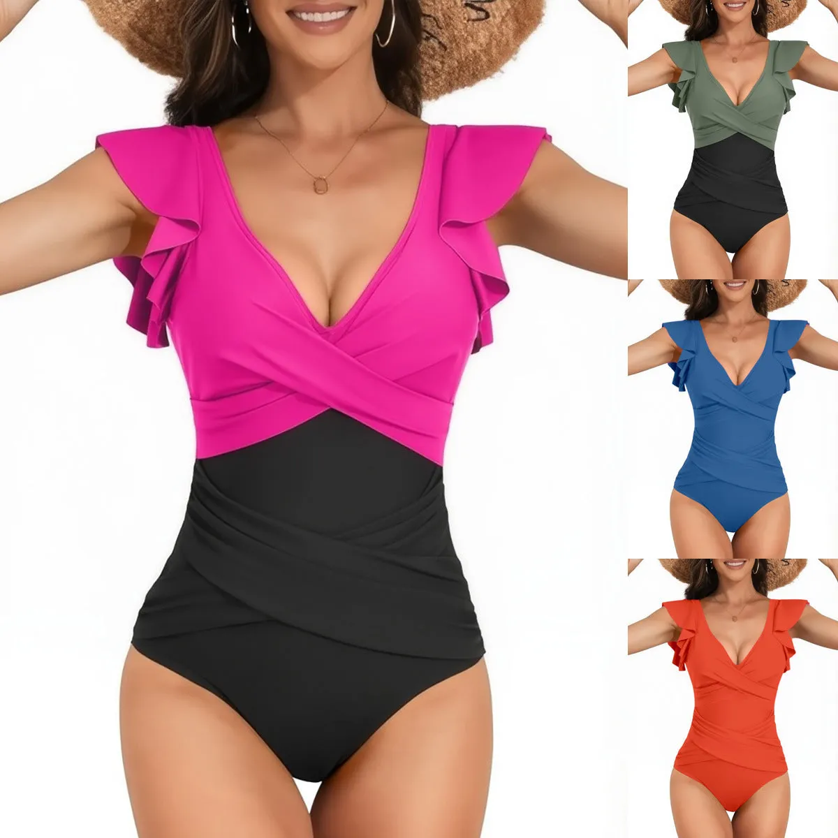V-neck lotus leaf high waist backless one piece swimsuit for women in Rose Black colour