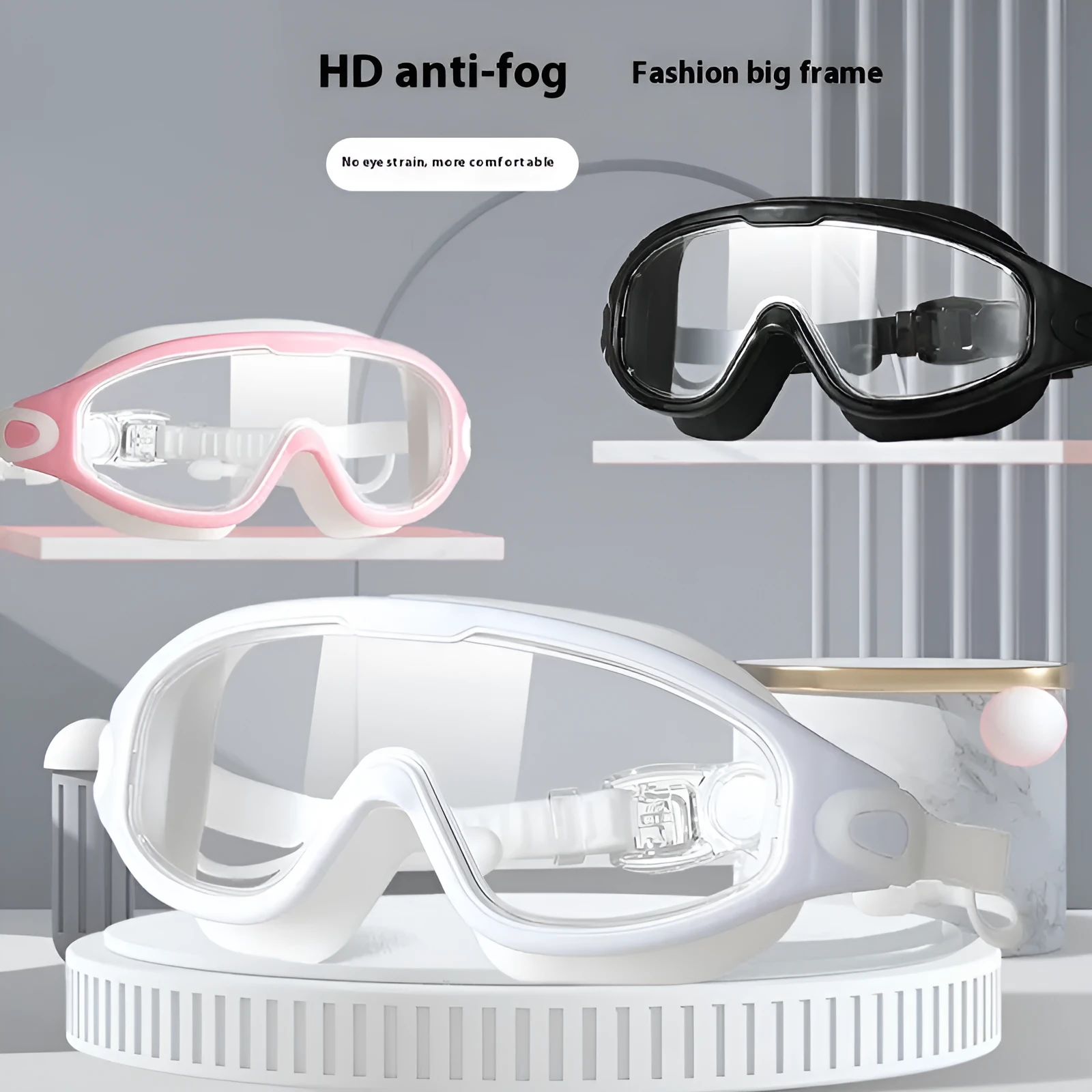 HD anti-fog large frame swimming goggles for adults, clear lenses