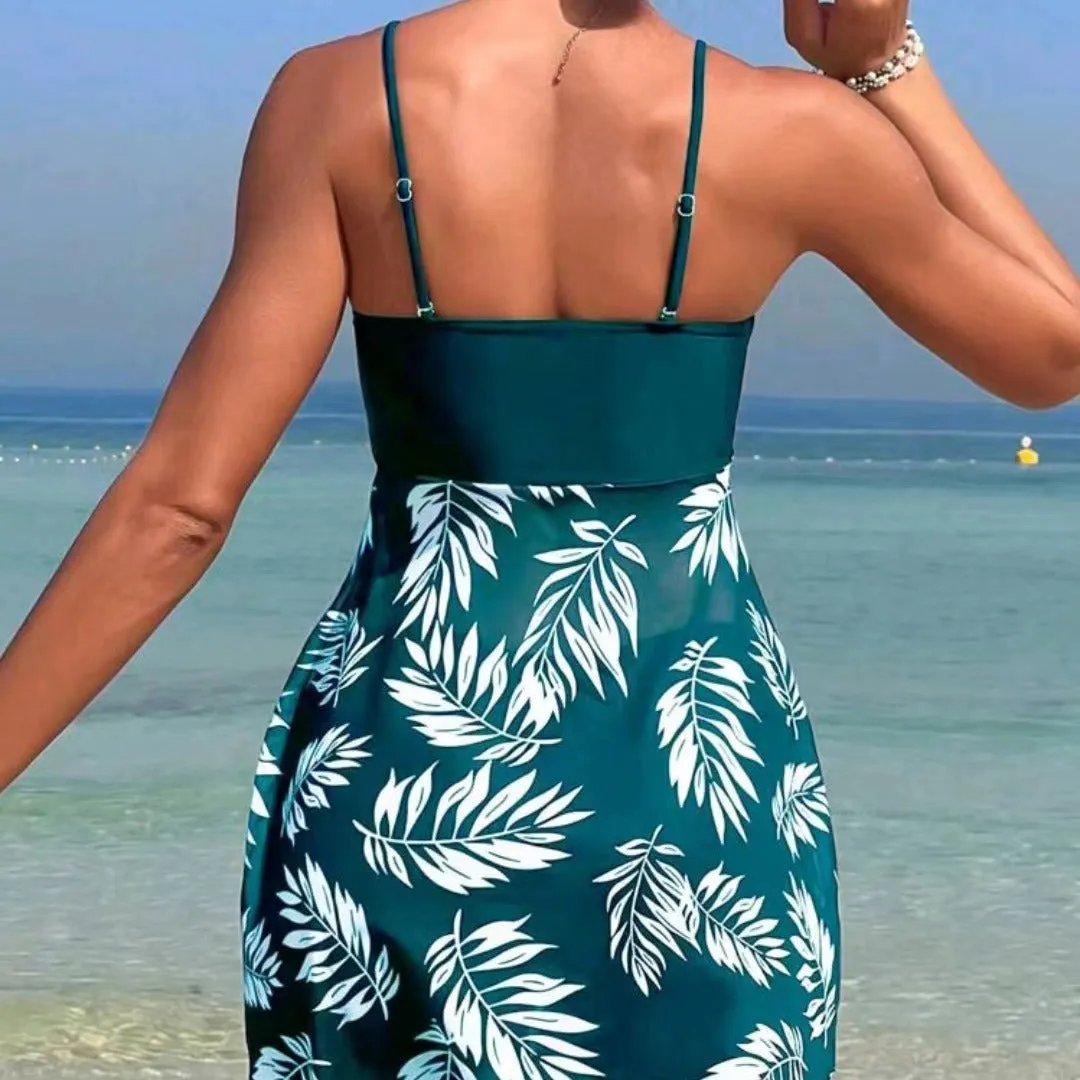 Women's high waist swim boxers in blue with mesh side panels on a mannequin.