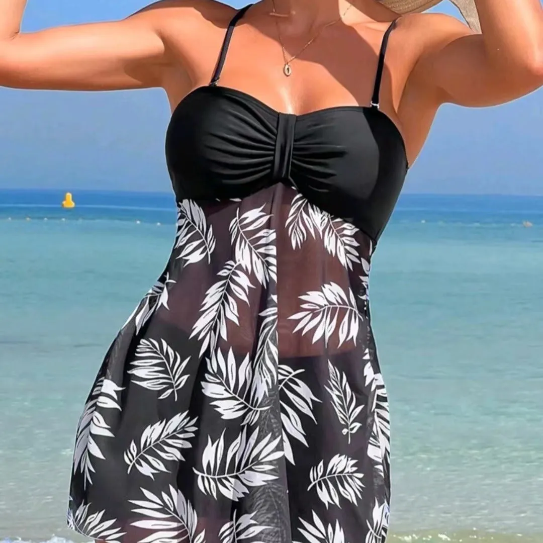 Women's high waist swim boxers in blue with mesh side panels on a mannequin.