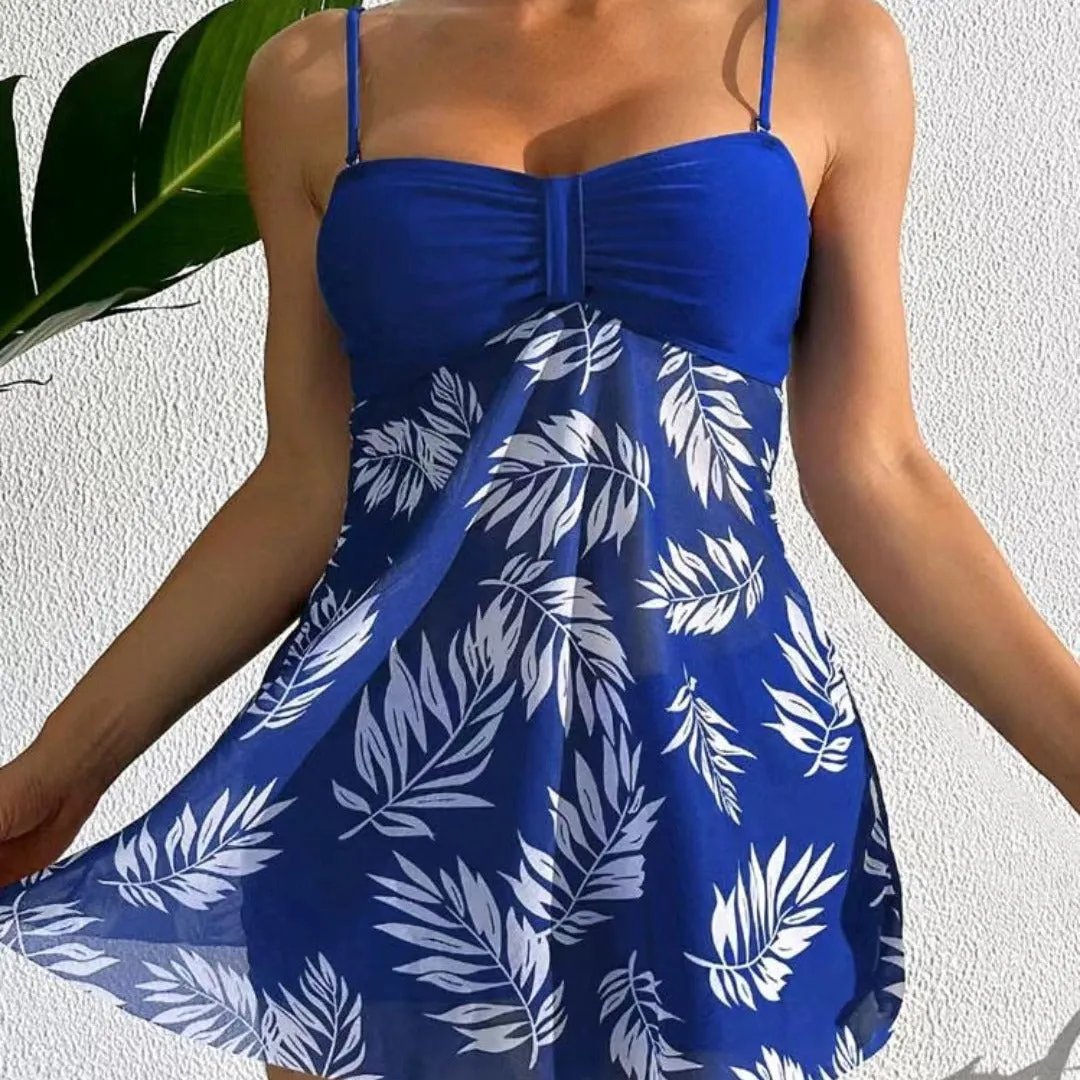 Women's high waist swim boxers in blue with mesh side panels on a mannequin.
