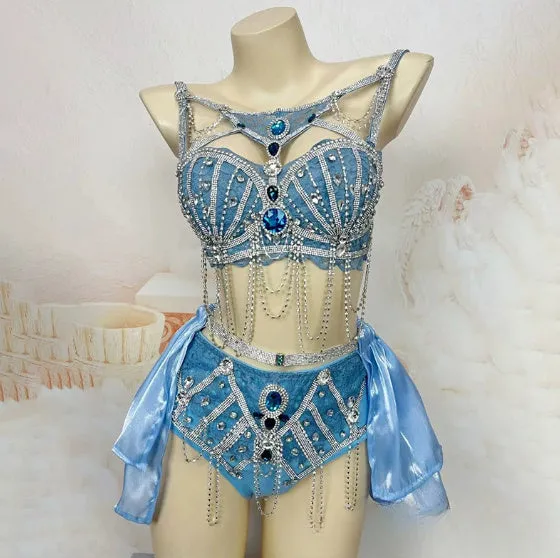 Smokey blue high-waisted bikini suit with chain detail and spandex fabric