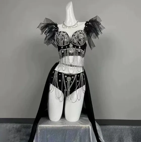 Smokey blue high-waisted bikini suit with chain detail and spandex fabric