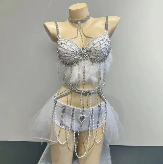 Smokey blue high-waisted bikini suit with chain detail and spandex fabric
