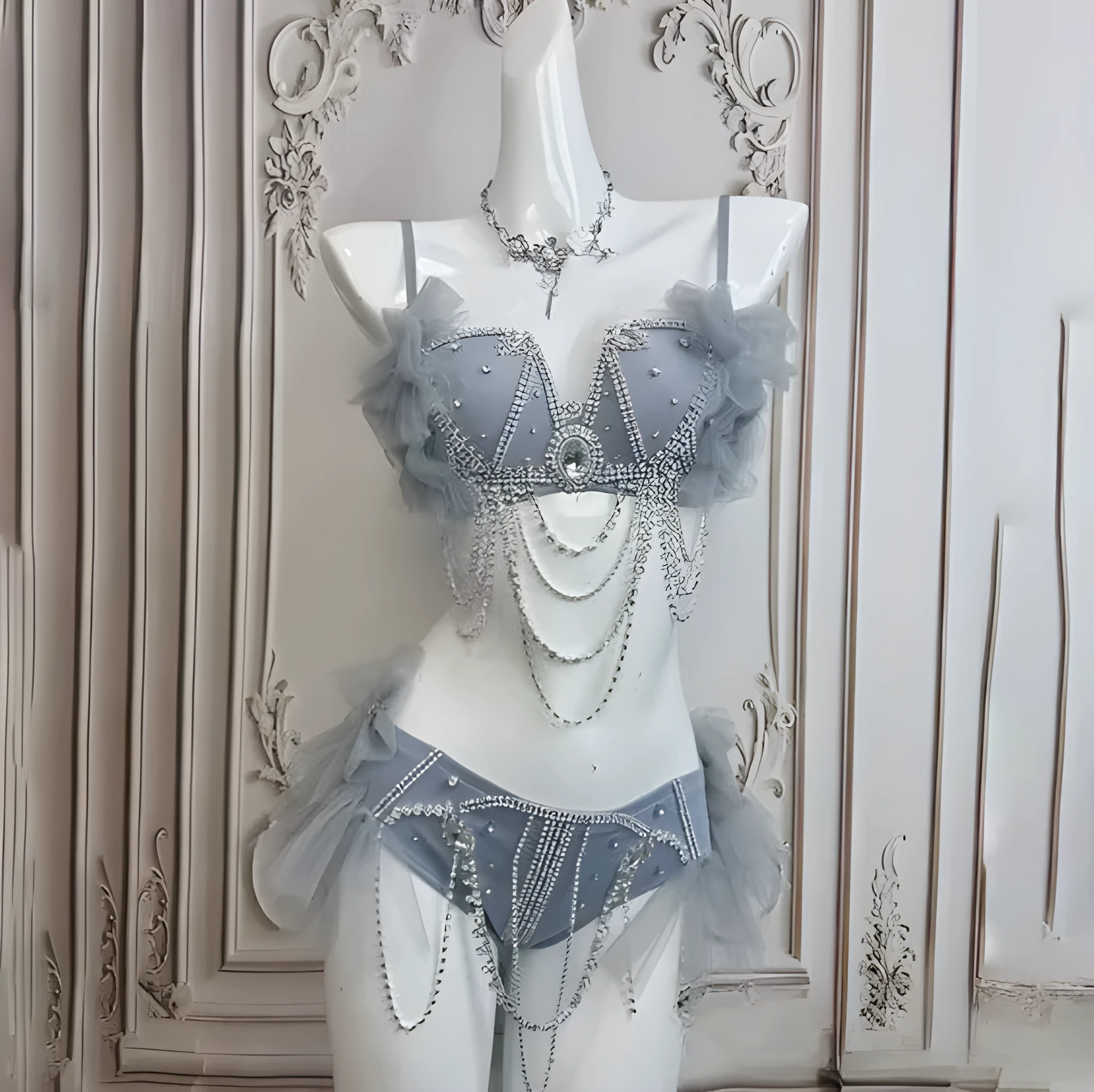 Smokey blue high-waisted bikini suit with chain detail and spandex fabric