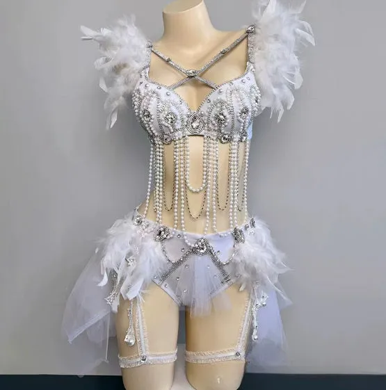 Smokey blue high-waisted bikini suit with chain detail and spandex fabric