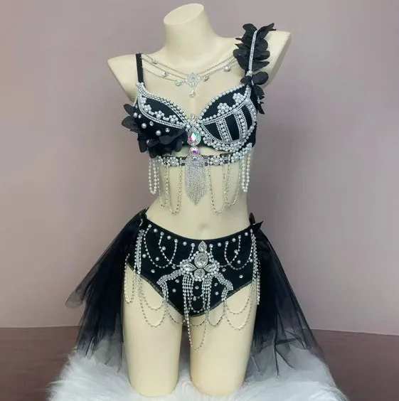 Smokey blue high-waisted bikini suit with chain detail and spandex fabric