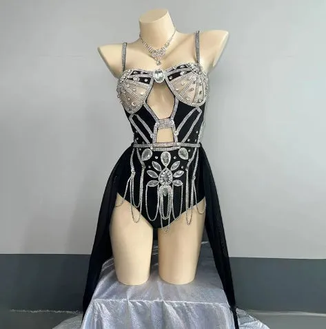 Smokey blue high-waisted bikini suit with chain detail and spandex fabric