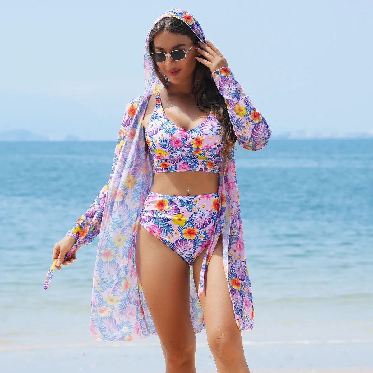 Multicolor printed bikini three piece swimsuit set with top, pants, and sheer coat in pattern 1