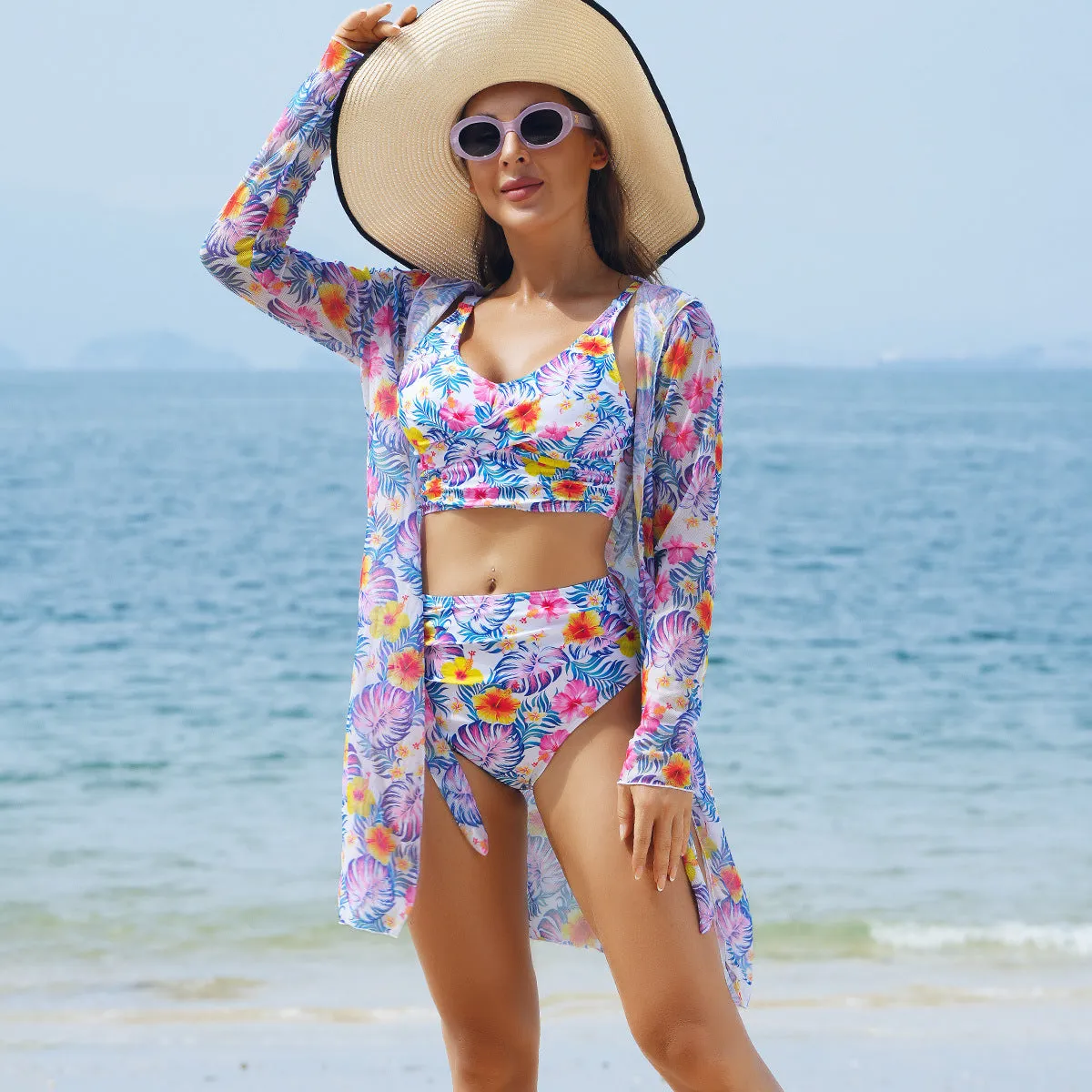 Multicolor printed bikini three piece swimsuit set with top, pants, and sheer coat in pattern 1