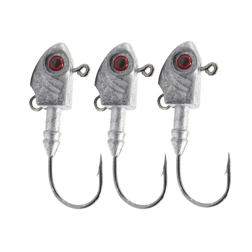 Yayu shaped lead fishing jig head hooks in blue, silver, and yellow colours showing different weights.