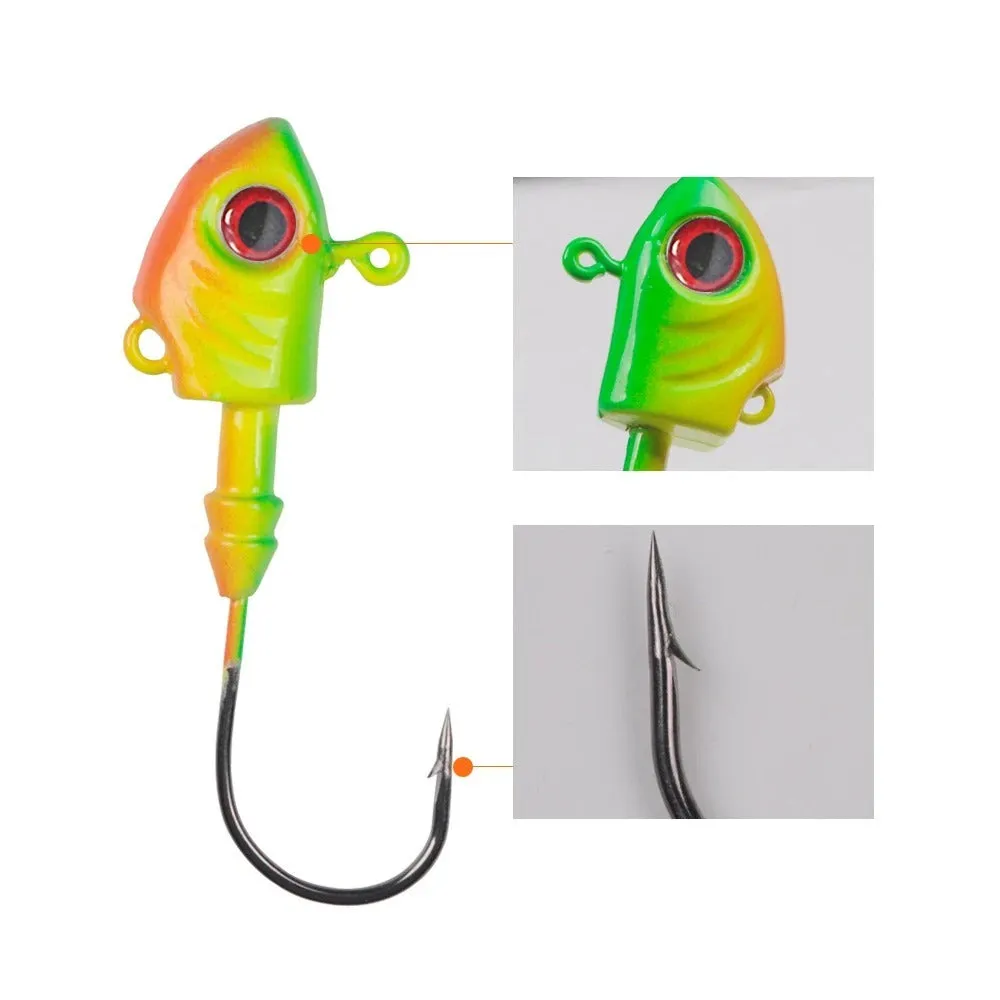 Yayu shaped lead fishing jig head hooks in blue, silver, and yellow colours showing different weights.