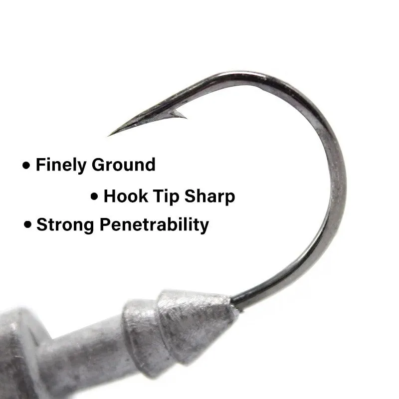 Yayu shaped lead fishing jig head hooks in blue, silver, and yellow colours showing different weights.