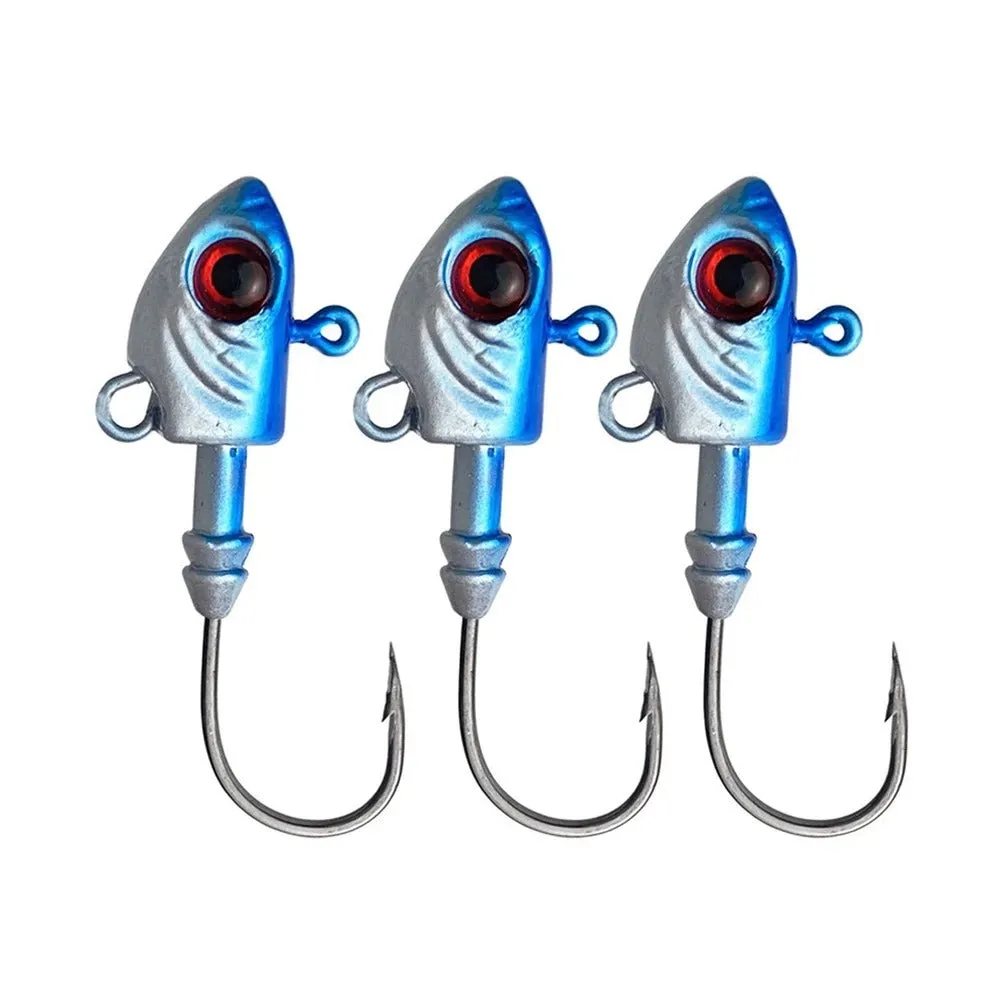 Yayu shaped lead fishing jig head hooks in blue, silver, and yellow colours showing different weights.