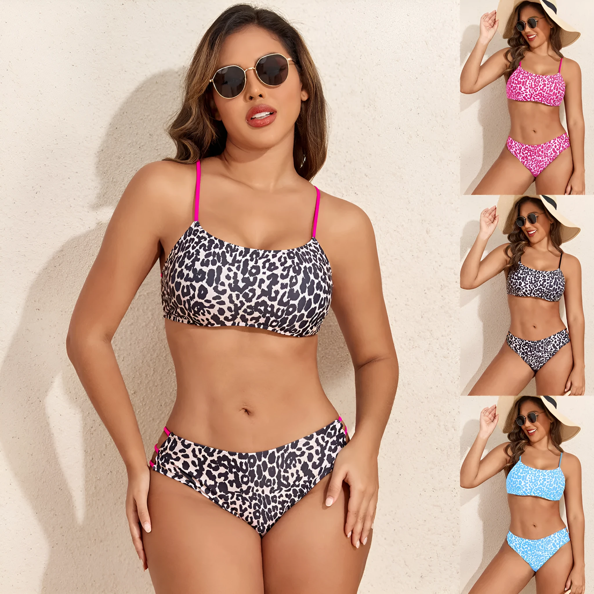 Two-piece leopard print bikini swimsuit with multi-rope detail, polyester, sizes S to XL, in blue and pink leopard colourways