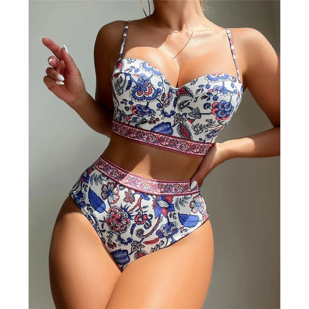 Blue women's high-waisted push-up bikini swimsuit with sleeveless design