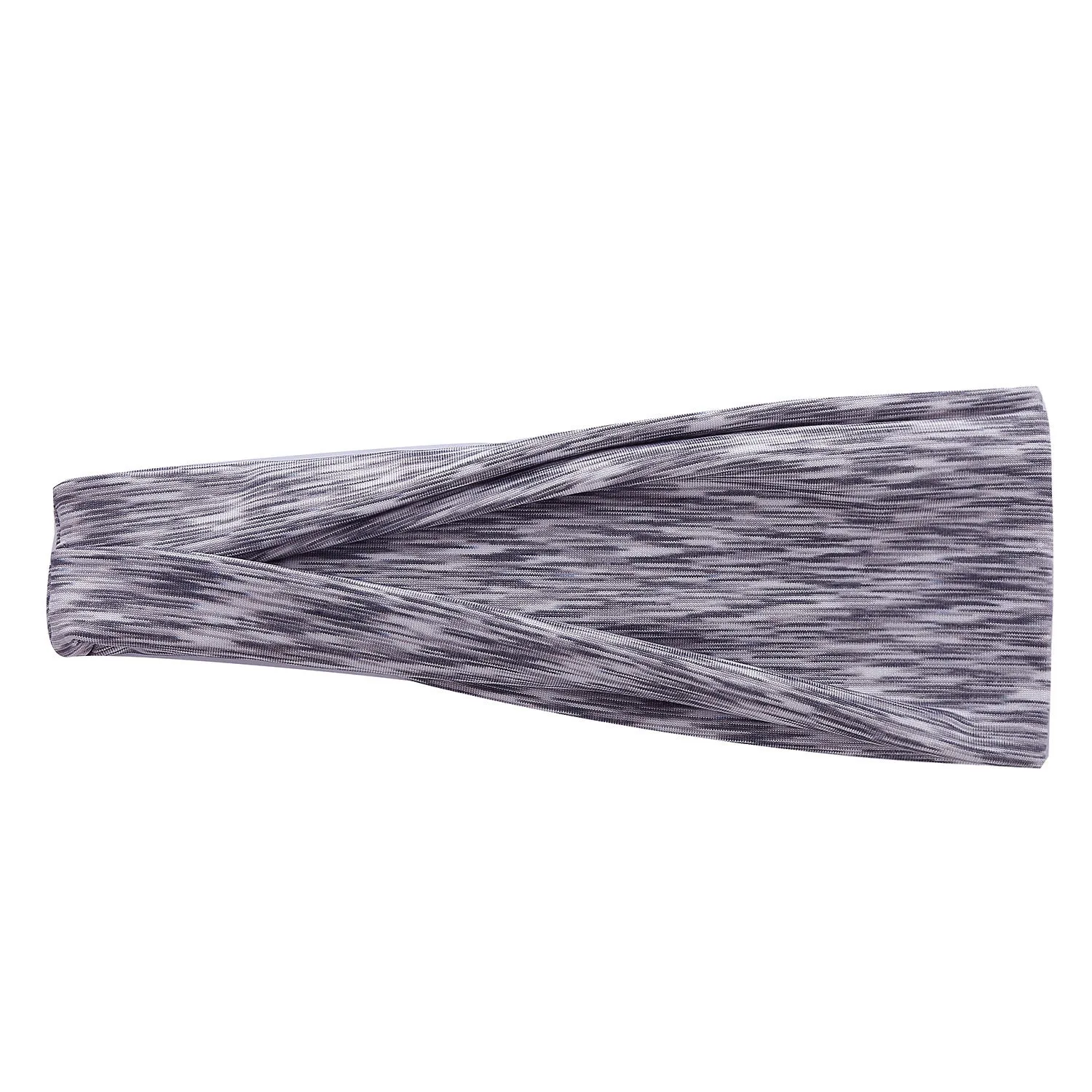 Placed flat, a plaid pattern sports headband in a neutral colour, with geometric elements at the centre