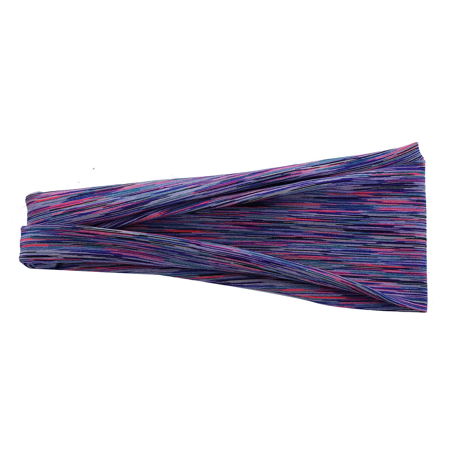 Placed flat, a plaid pattern sports headband in a neutral colour, with geometric elements at the centre