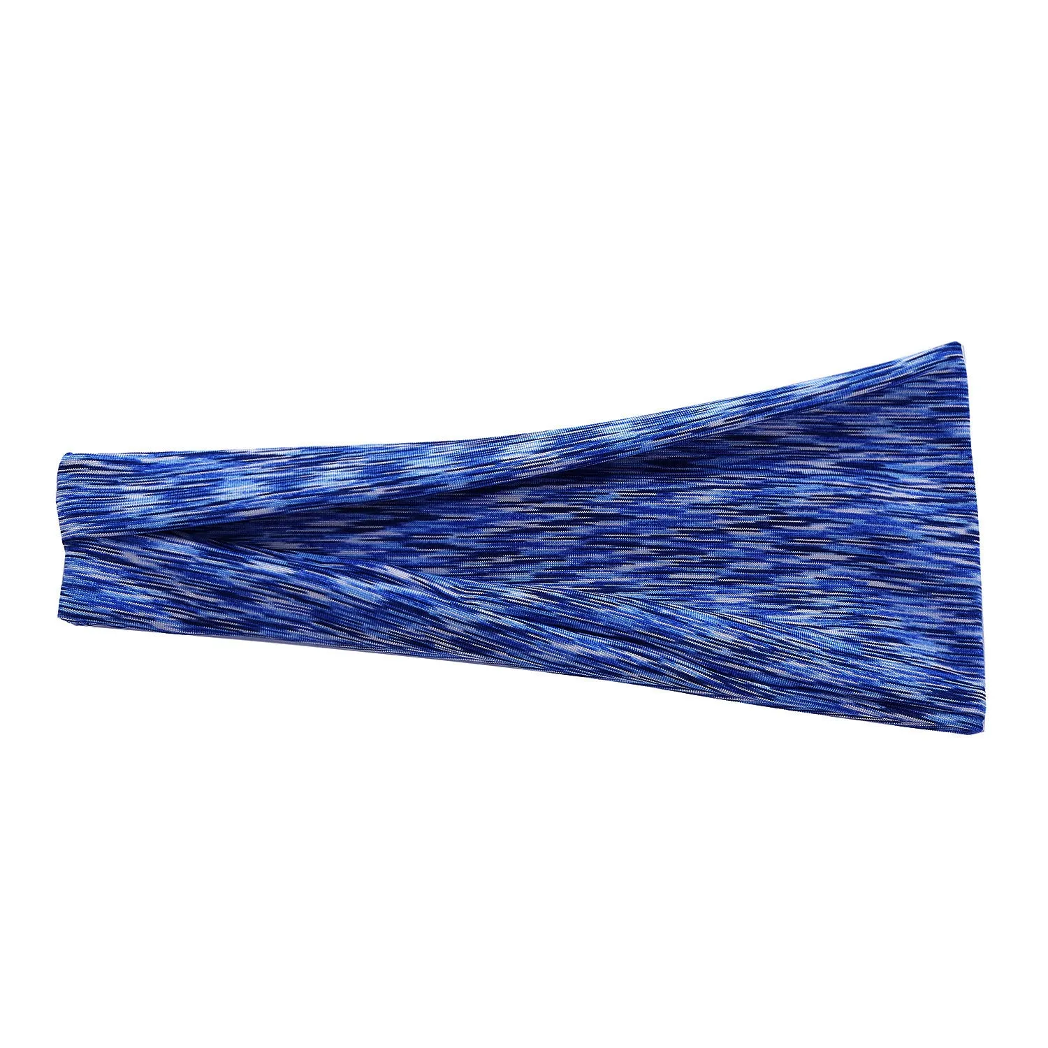 Placed flat, a plaid pattern sports headband in a neutral colour, with geometric elements at the centre