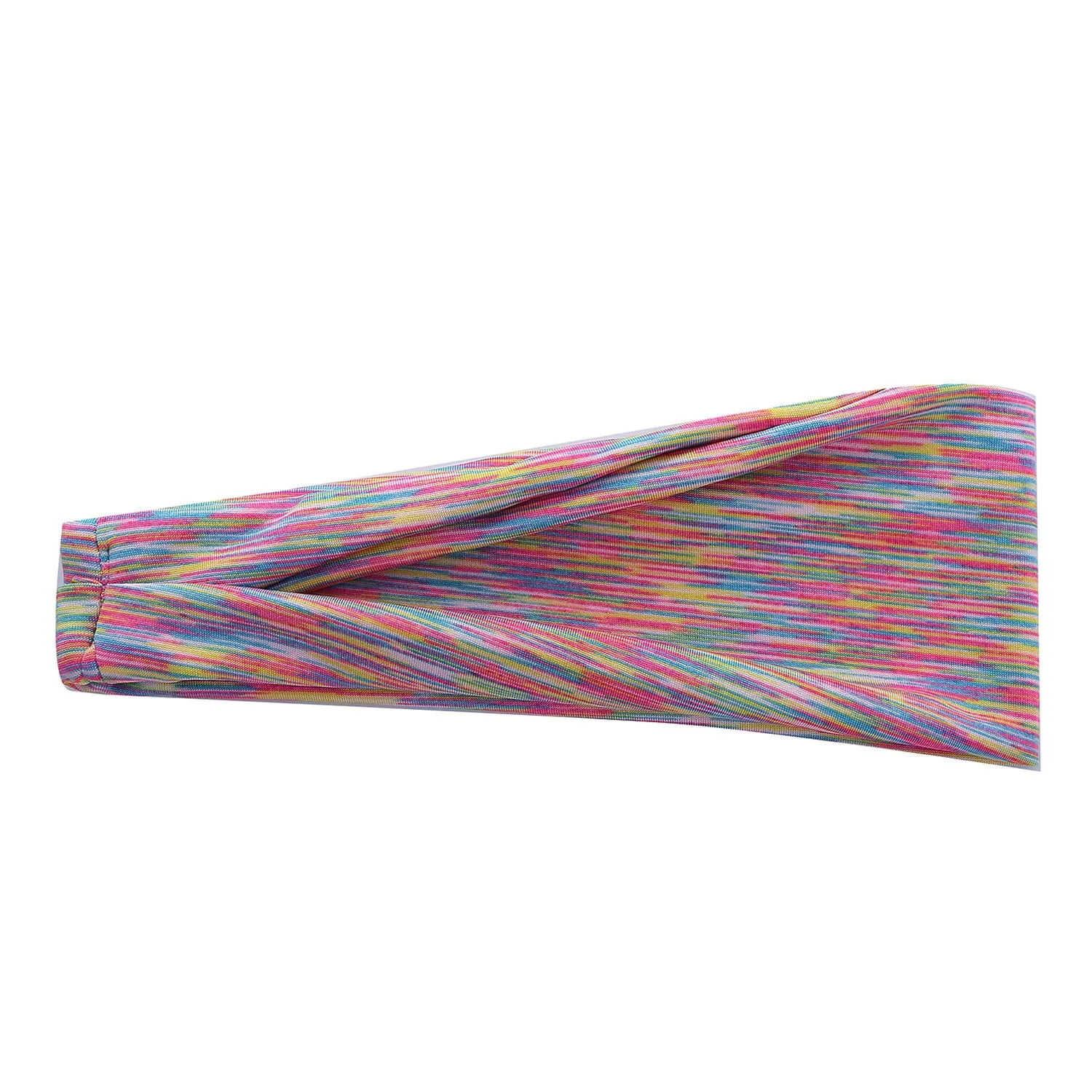 Placed flat, a plaid pattern sports headband in a neutral colour, with geometric elements at the centre