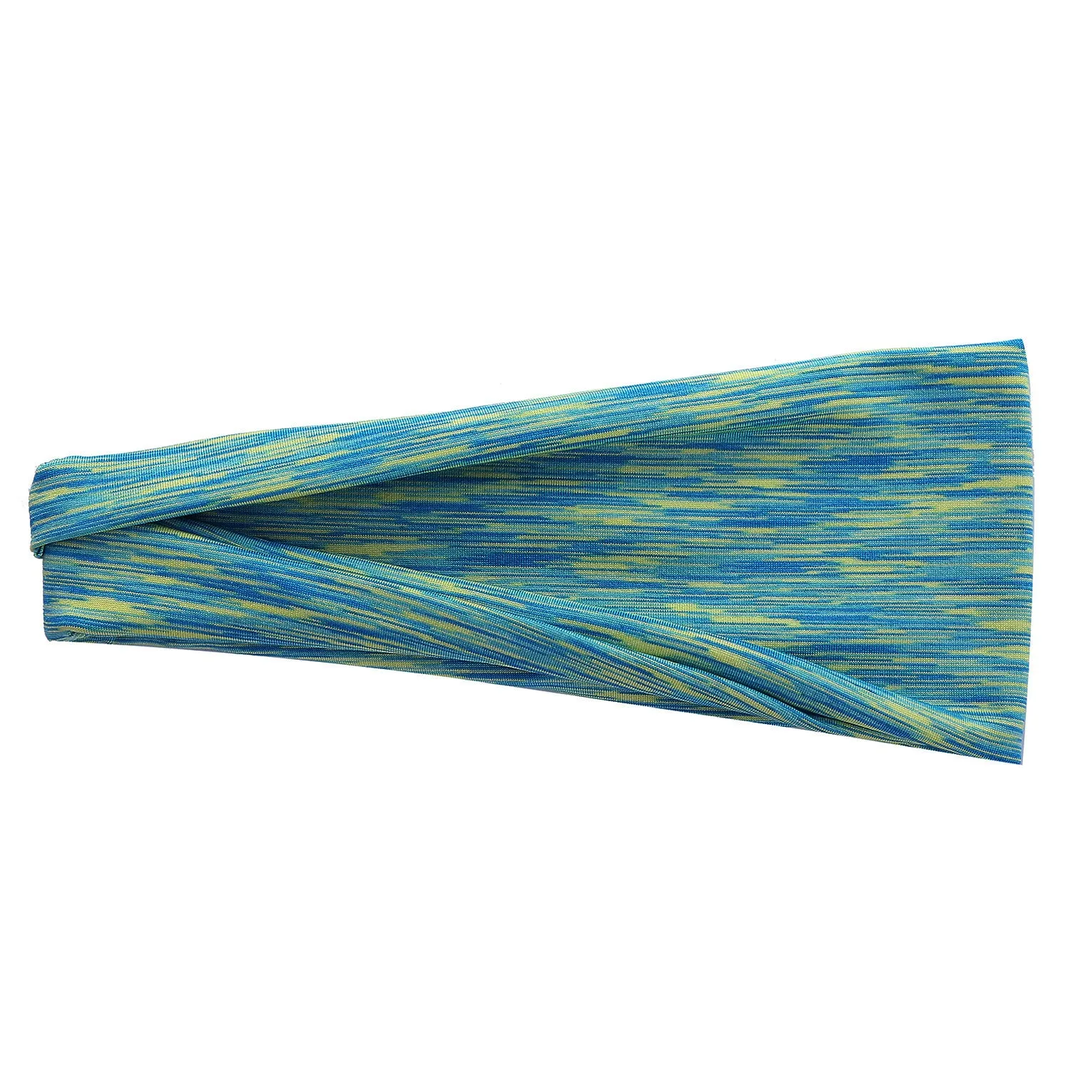 Placed flat, a plaid pattern sports headband in a neutral colour, with geometric elements at the centre