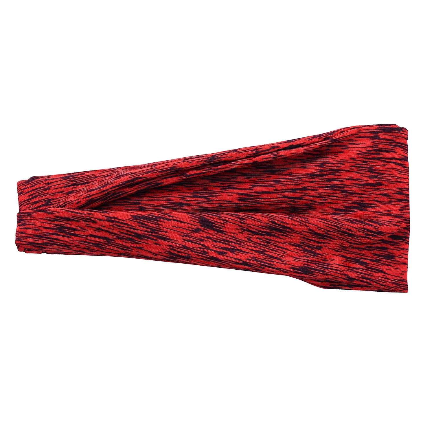 Placed flat, a plaid pattern sports headband in a neutral colour, with geometric elements at the centre