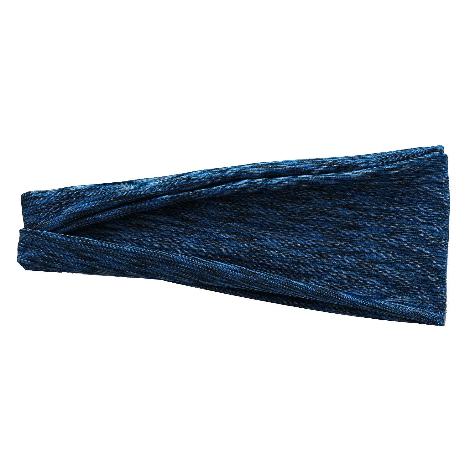 Placed flat, a plaid pattern sports headband in a neutral colour, with geometric elements at the centre