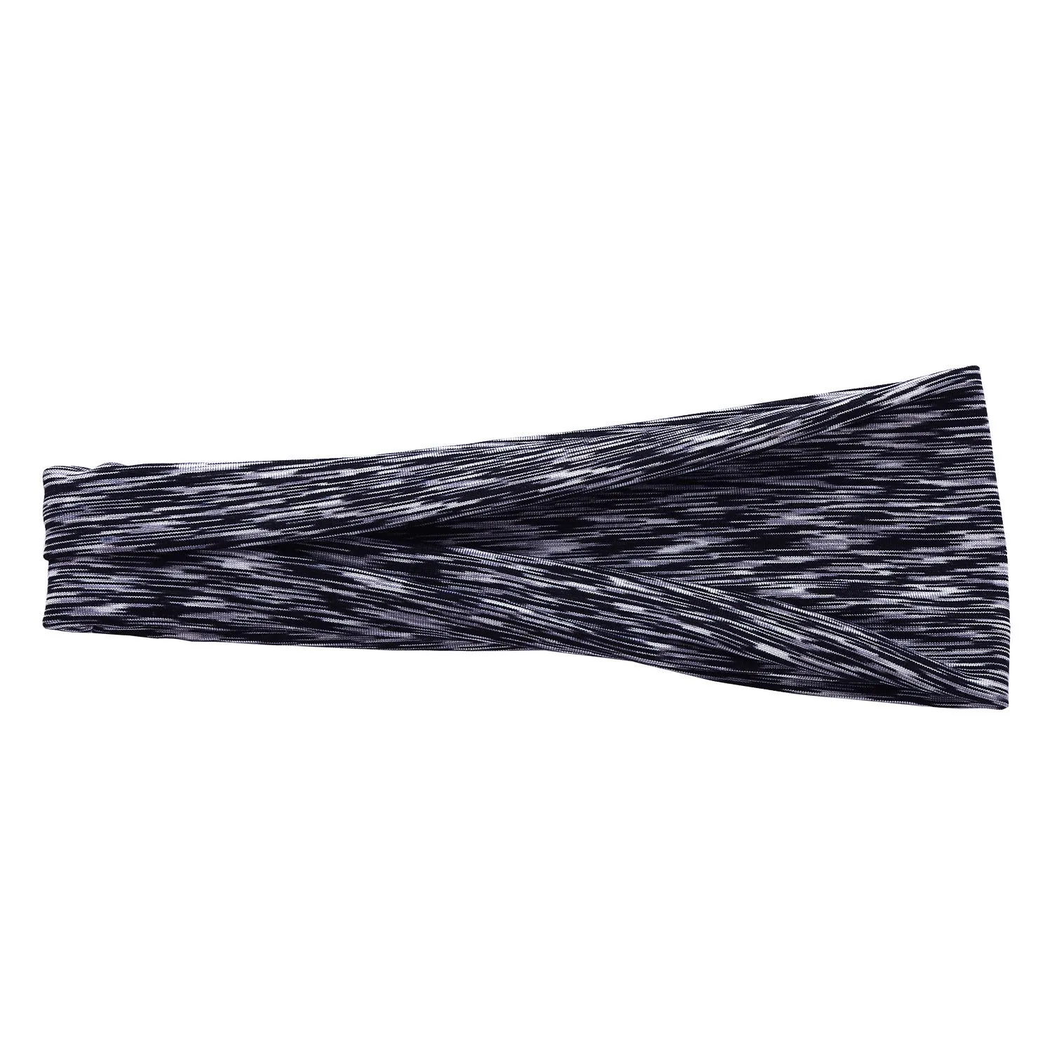 Placed flat, a plaid pattern sports headband in a neutral colour, with geometric elements at the centre