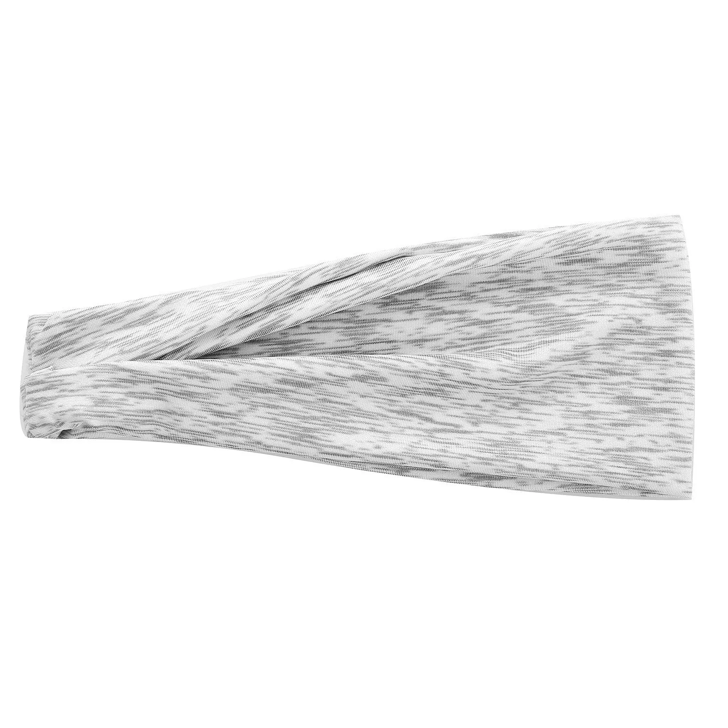Placed flat, a plaid pattern sports headband in a neutral colour, with geometric elements at the centre