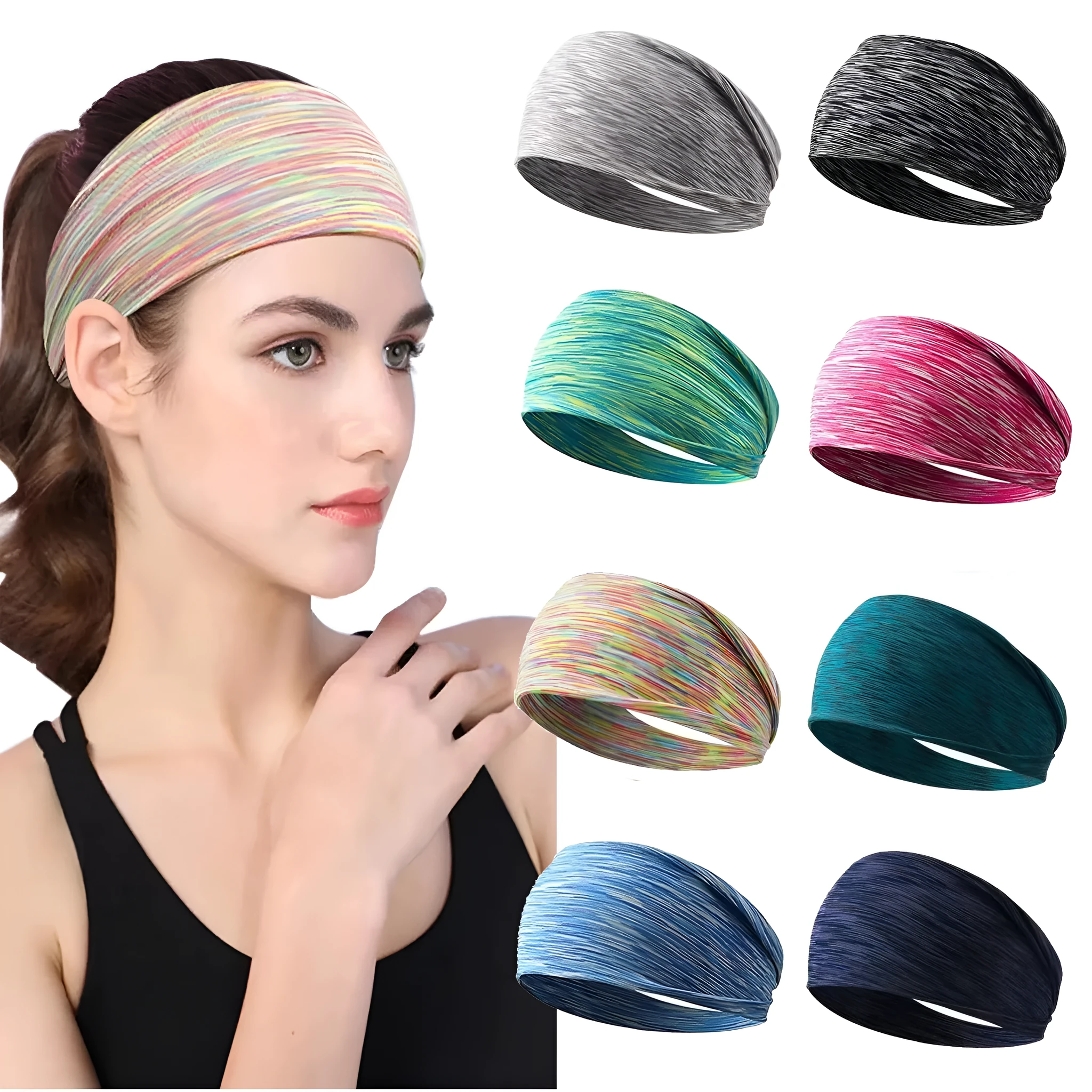 Placed flat, a plaid pattern sports headband in a neutral colour, with geometric elements at the centre