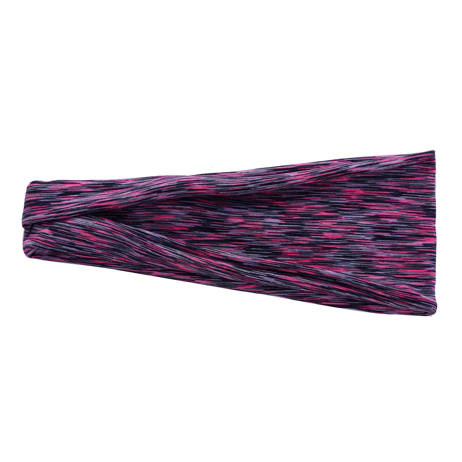 Placed flat, a plaid pattern sports headband in a neutral colour, with geometric elements at the centre
