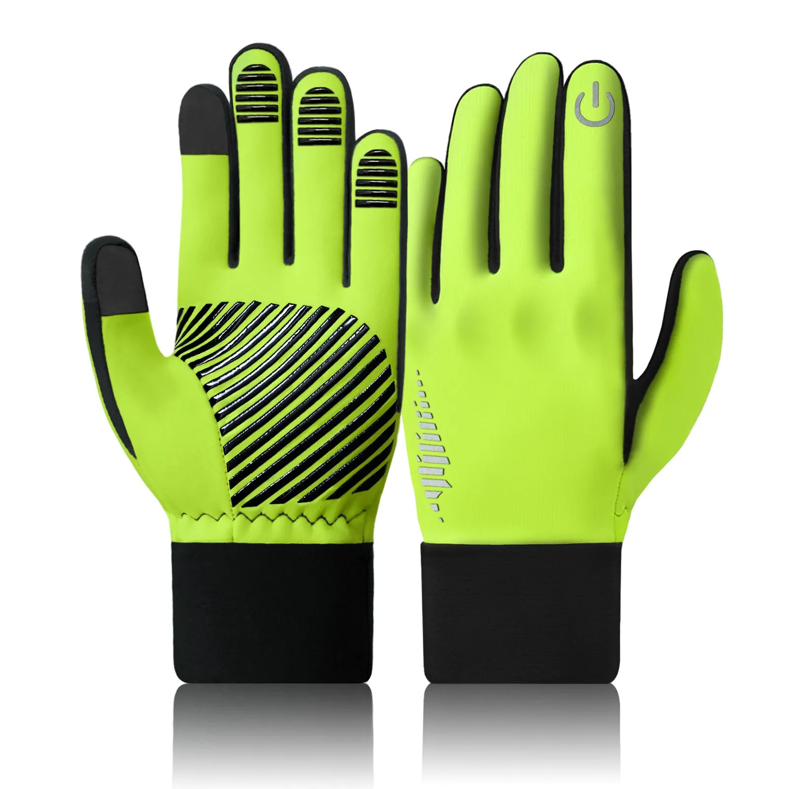 Men's fleece-lined anti-slip thick warm cycling gloves in black, fluorescent yellow, and purple on a white background