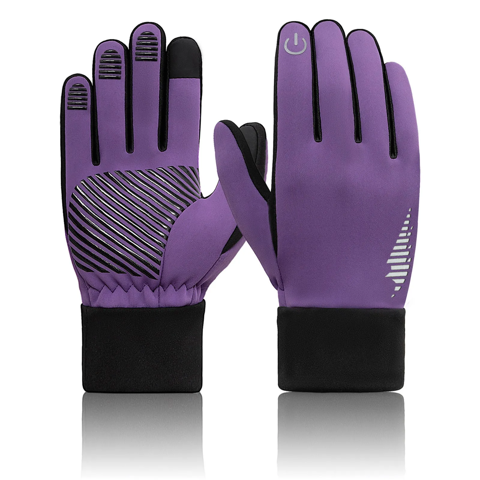 Men's fleece-lined anti-slip thick warm cycling gloves in black, fluorescent yellow, and purple on a white background