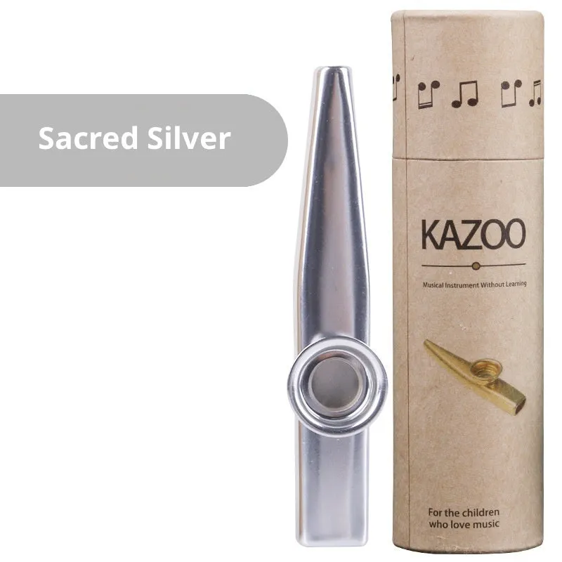 Metal kazoo for beginners with colour option Holy Silver finish on white background