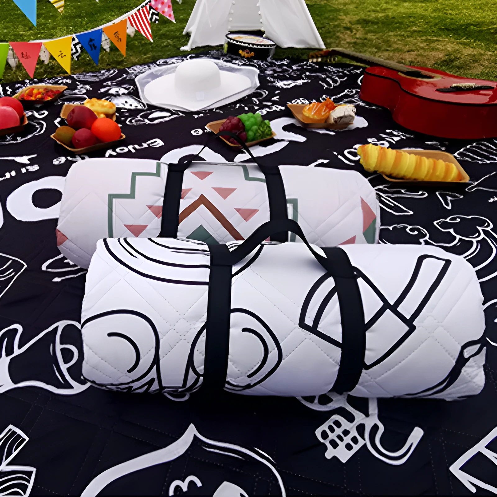 Black graffiti ultrasonic picnic mat 200x200cm waterproof pongee blanket for camping