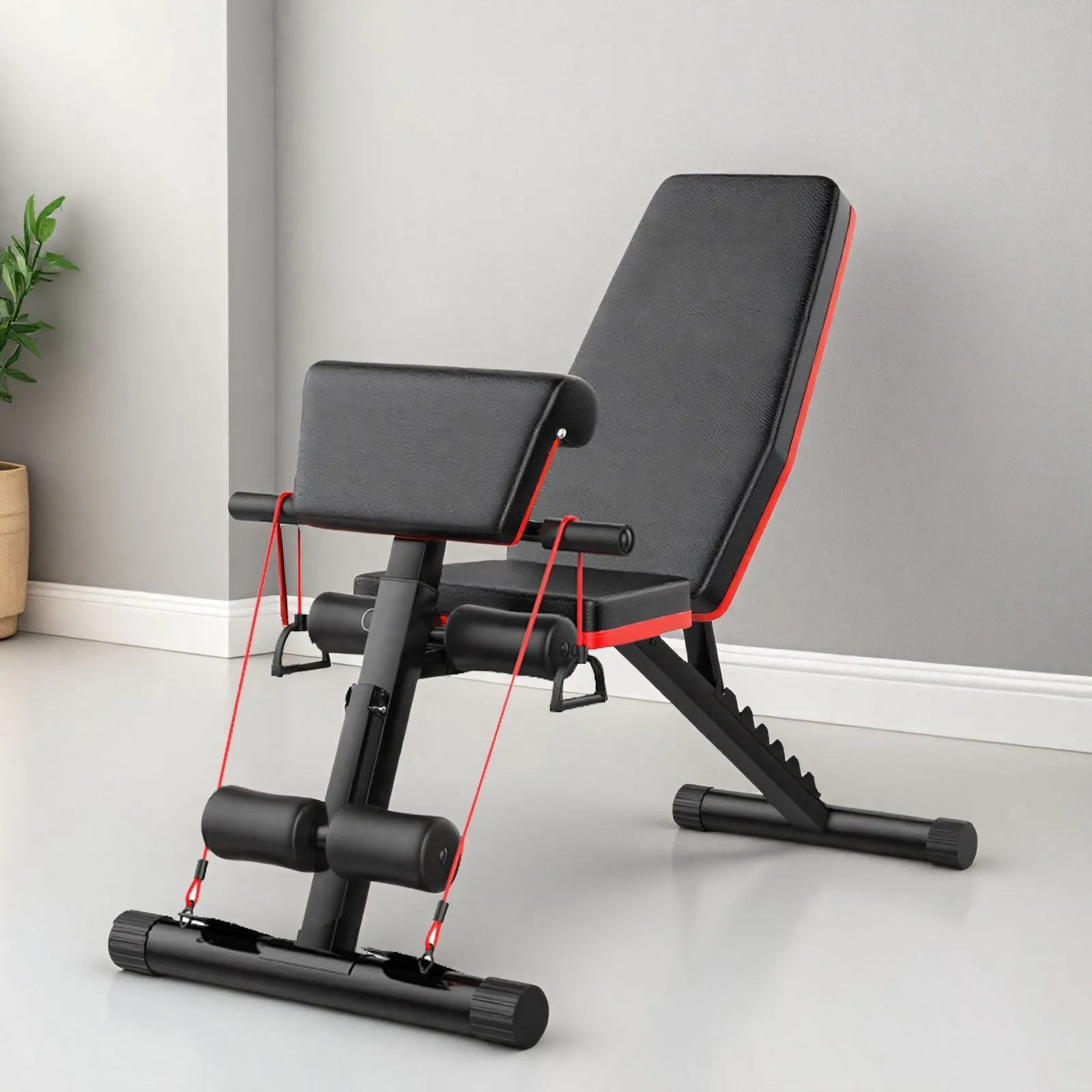 Home multi-function incline board fitness bench with metal frame, foldable, adjustable height, includes pull rope and support rod