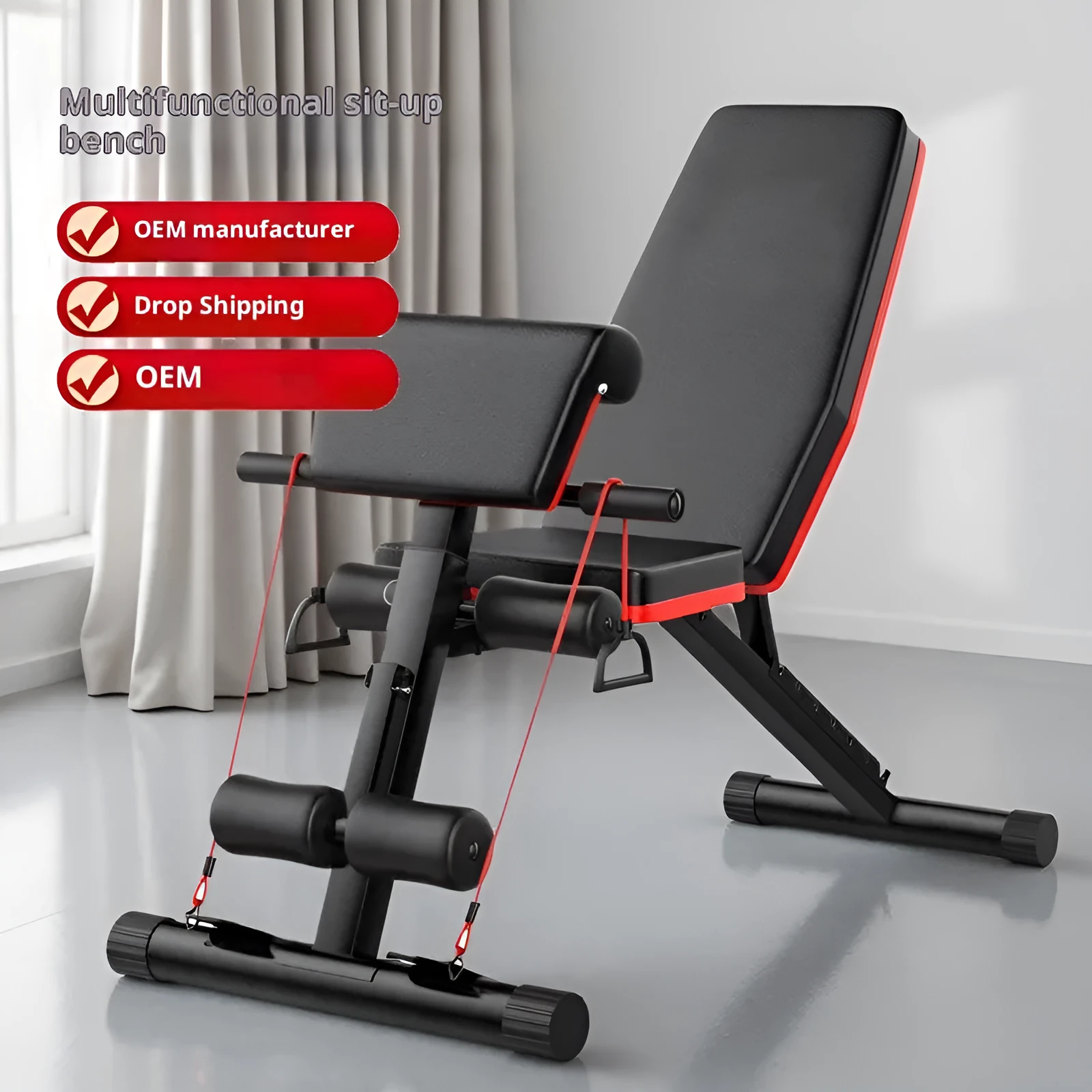 Home multi-function incline board fitness bench with metal frame, foldable, adjustable height, includes pull rope and support rod