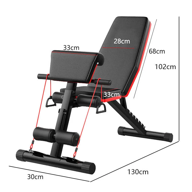 Home multi-function incline board fitness bench with metal frame, foldable, adjustable height, includes pull rope and support rod