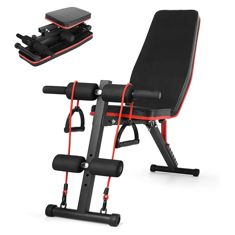 Home multi-function incline board fitness bench with metal frame, foldable, adjustable height, includes pull rope and support rod