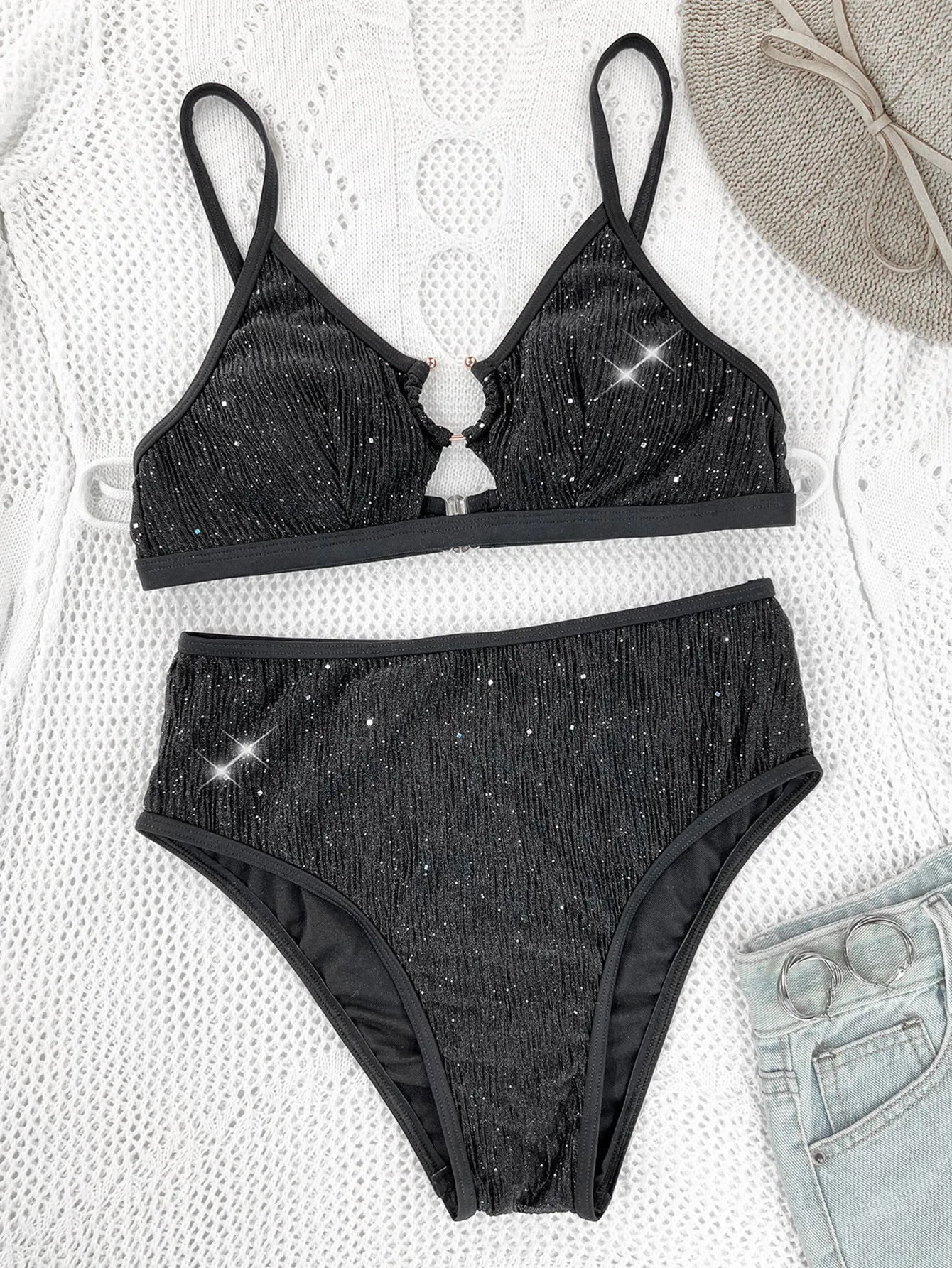 Women's black split sequin metal ring high waist swimsuit for swimming sports