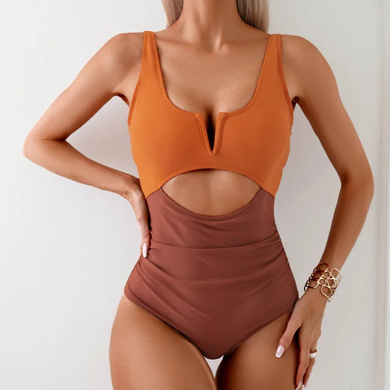 Women's contrast colour nylon one-piece swimsuit in green, black, dark pink, or brown