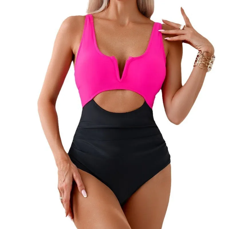 Women's contrast colour nylon one-piece swimsuit in green, black, dark pink, or brown