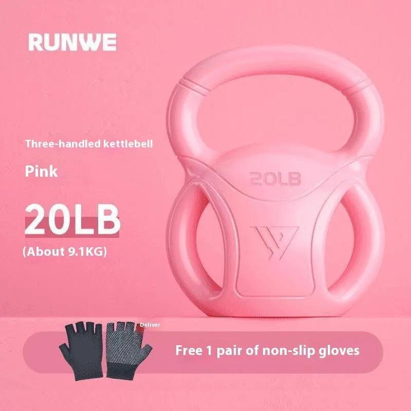 Colourful kettlebells in pink, lavender, and dark green with different weight options for home fitness