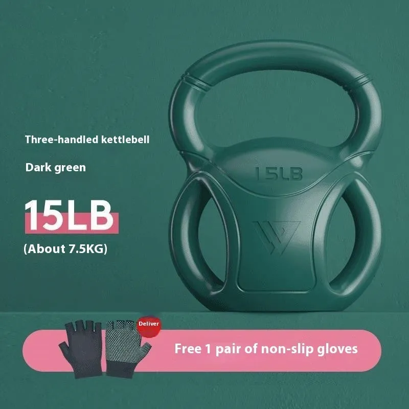 Colourful kettlebells in pink, lavender, and dark green with different weight options for home fitness