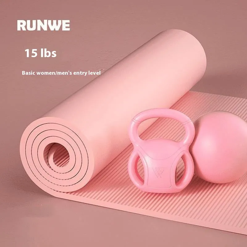 Colourful kettlebells in pink, lavender, and dark green with different weight options for home fitness