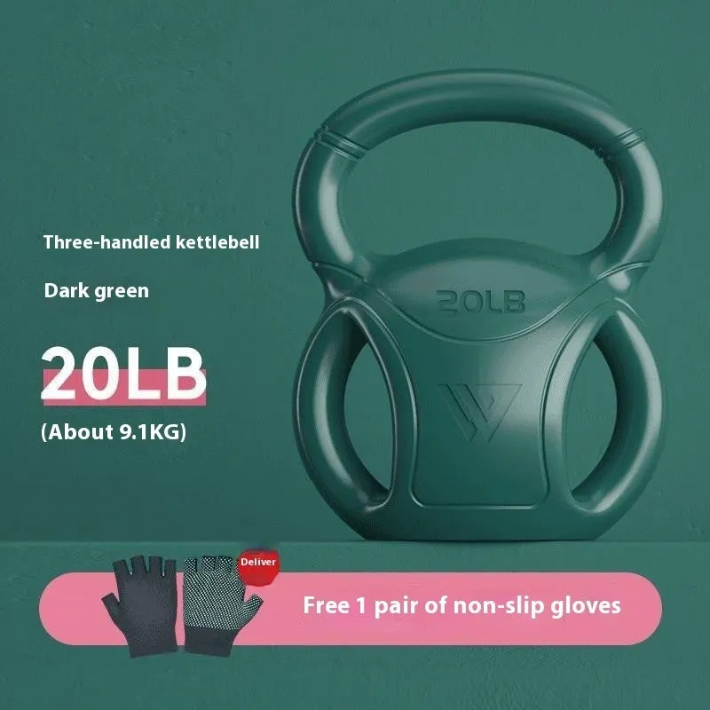 Colourful kettlebells in pink, lavender, and dark green with different weight options for home fitness