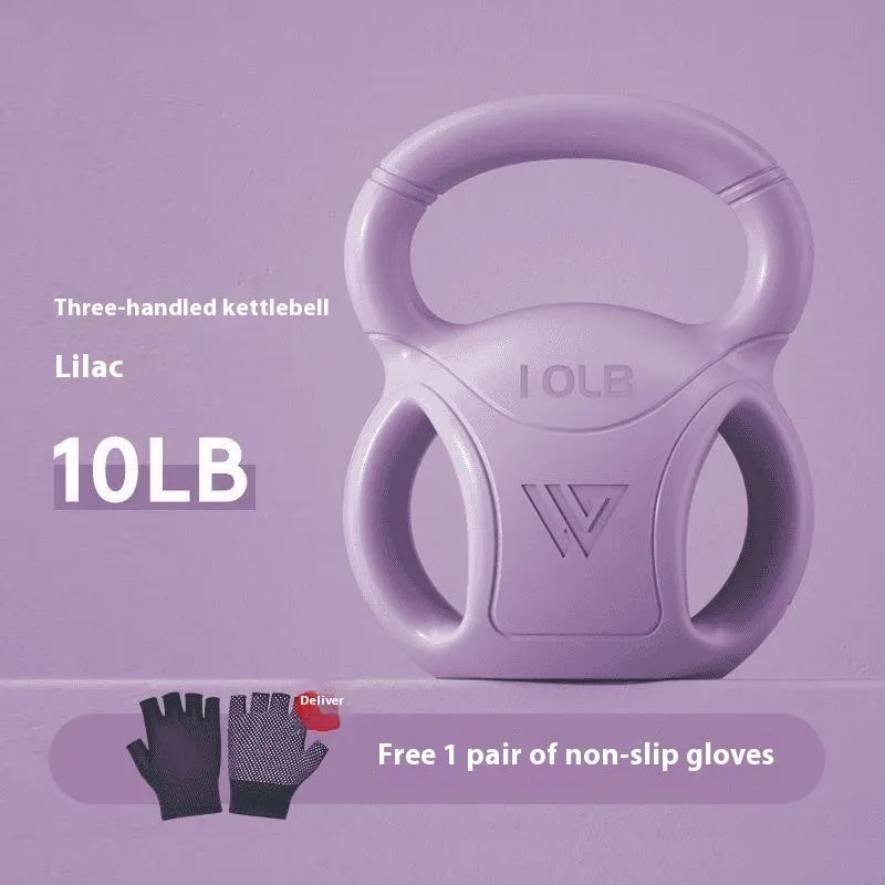 Colourful kettlebells in pink, lavender, and dark green with different weight options for home fitness