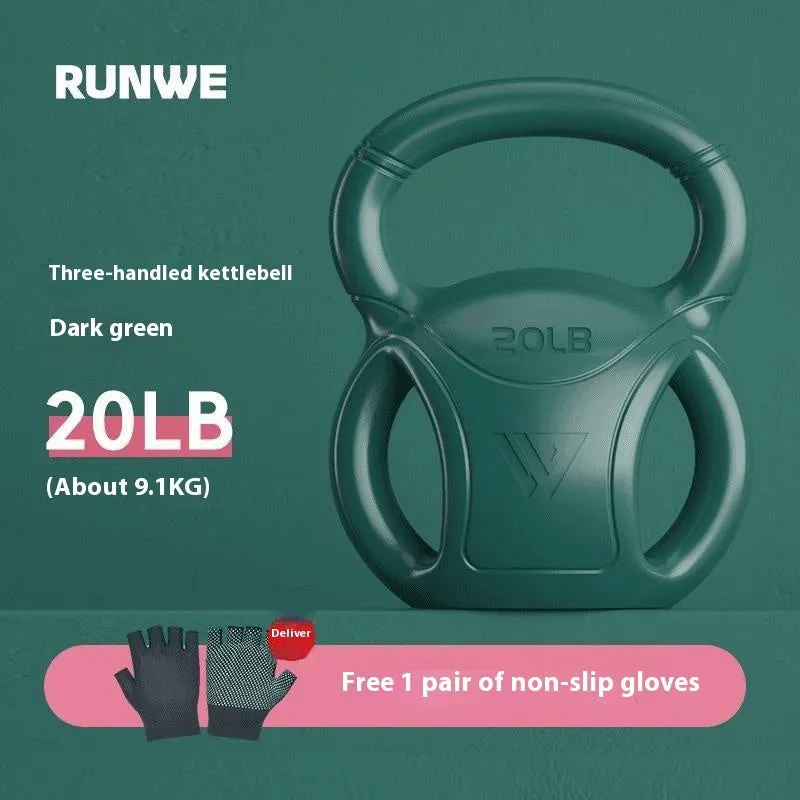 Colourful kettlebells in pink, lavender, and dark green with different weight options for home fitness